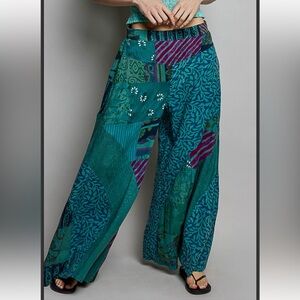 POL Teal Patchwork Wide-Leg Pants